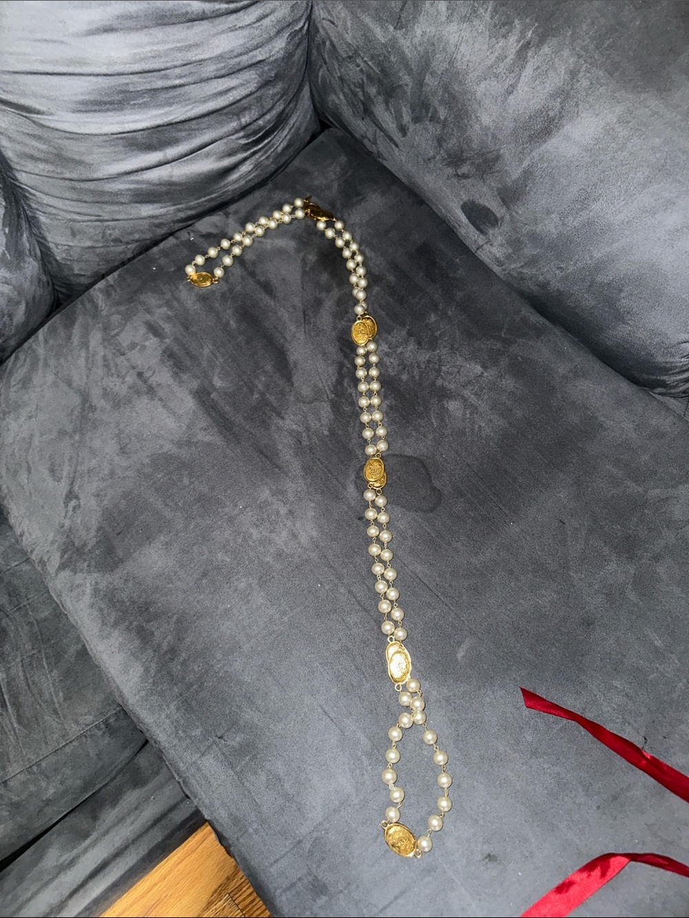 CHANEL Gold and Pearl-Style Long Medallion Necklace - Picture 2 of 9